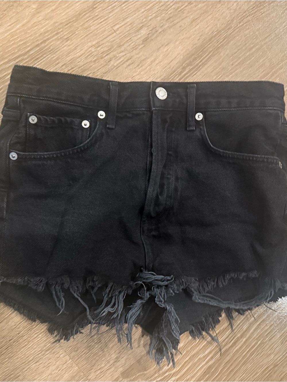 Agolde Black Frayed Hem Denim Shorts